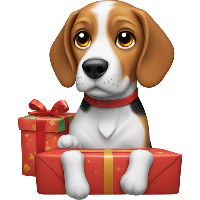 beagle opening a Christmas present emoji