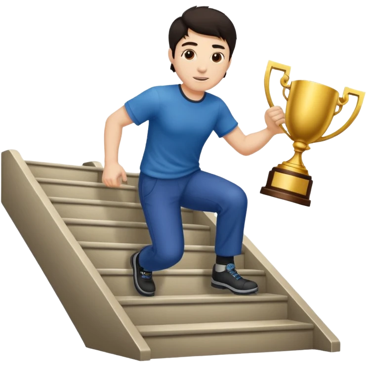 A man with fair skin and dark hair is climbing stairs to grab a trophy emoji