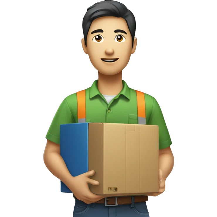 Asian person in logistic company green shirt with box in hand emoji