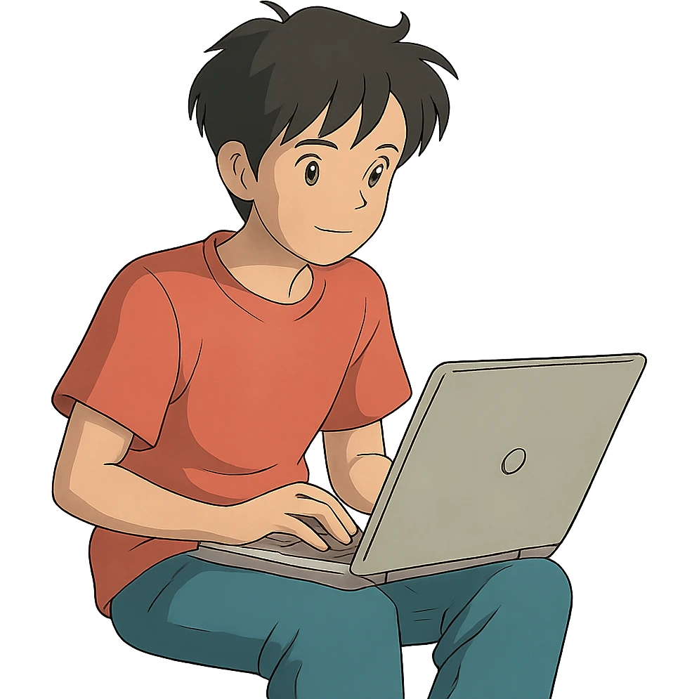 ghibli style teenager with a laptop emoji