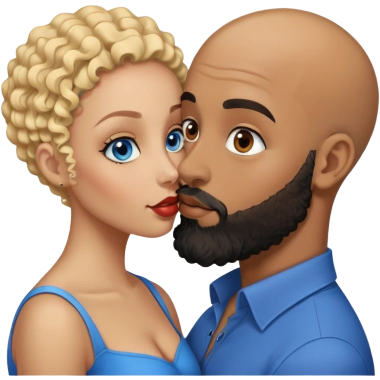 bald head man with brown eyes and black beard kissing African woman with blue eyes and curly blonde hair emoji