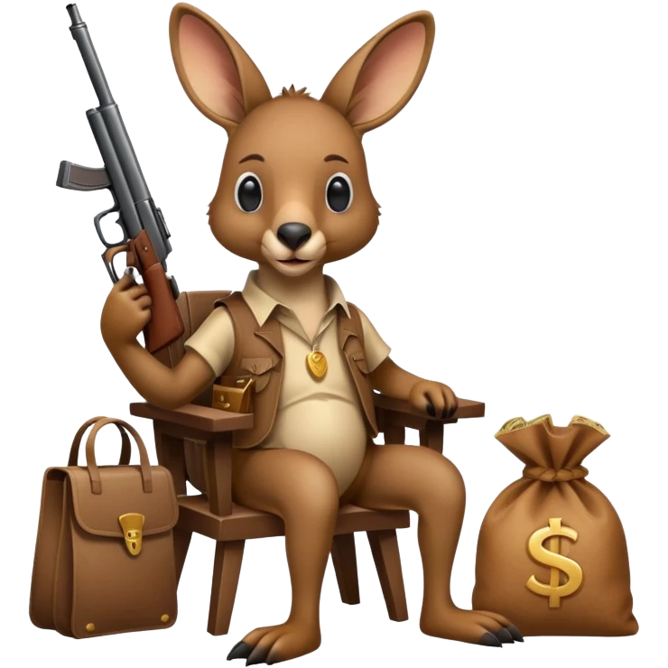 A kangaroo holding a gun and a money bag sitting in a chair with a bag next to him  emoji