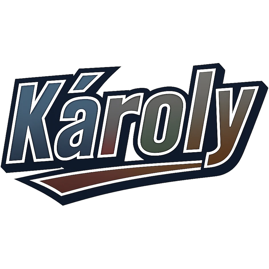 Text image of the name 'Károly' in a masculine, modern, gradient font with accurate Hungarian characters, dark contour, prominent and clearly visible white border as in sample images, dynamic slanted underline, masculine color shades including blue, gray, burgundy, green, and brown, 1000x1000 px, PNG, transparent background. emoji