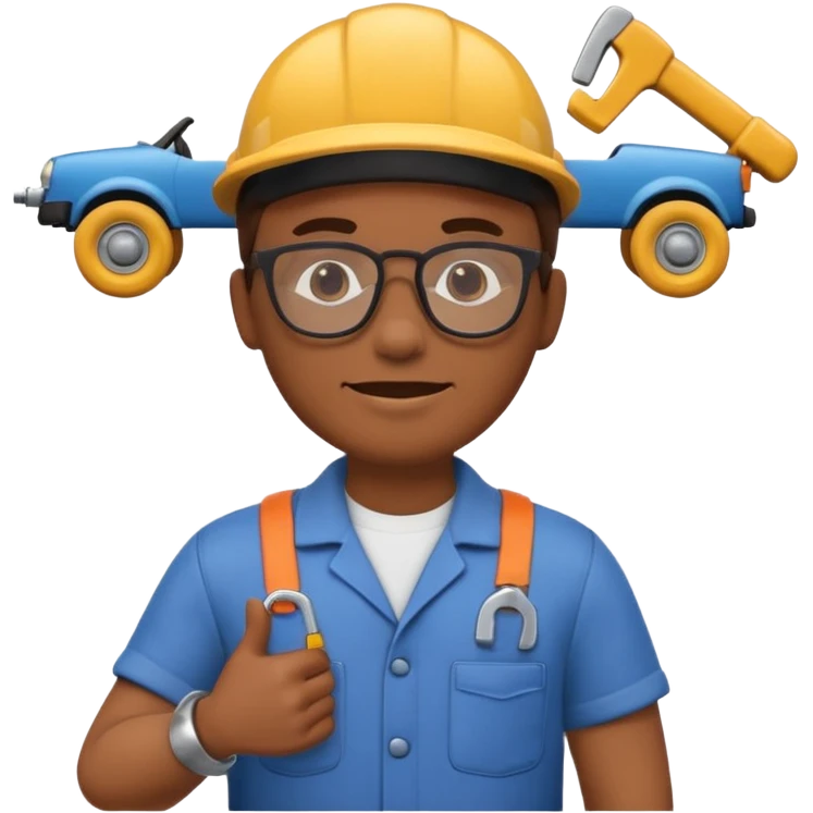 A 3D emoji with a Memoji style that the depicts a person who is learning to become a car mechanic as his highchool extended profile emoji