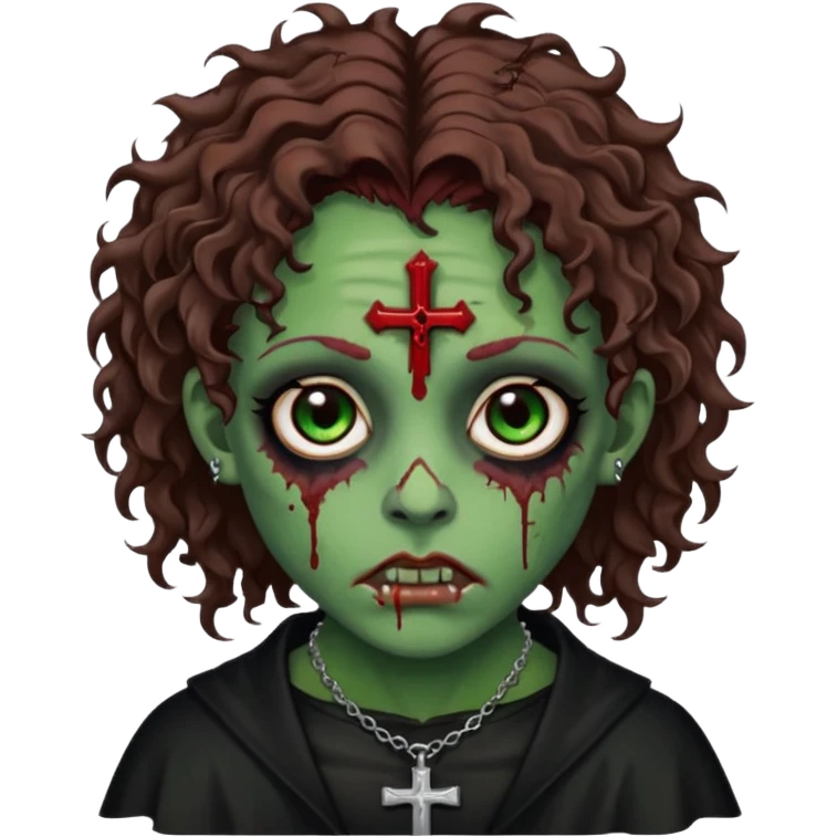 Zumbi verde com olhos castanhos aspecto de que tá sangrando, com cabelo castanho cacheado um piercing do lado esquerdo do nariz, roupa preta e crucifixo como colar, e também delineador  emoji