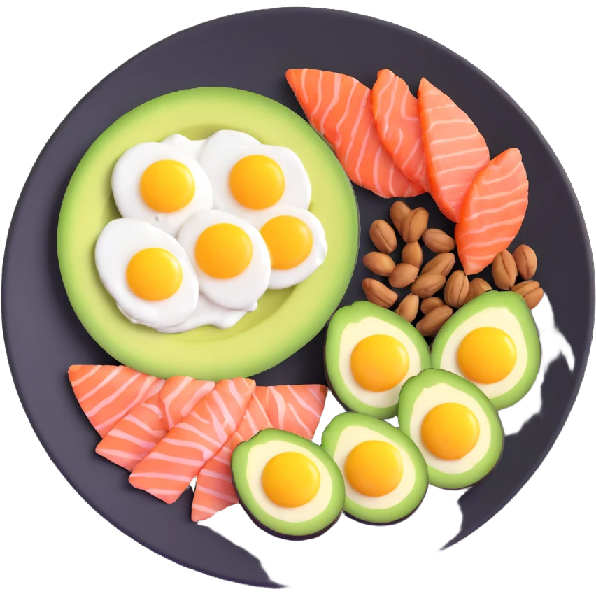 plate with typical keto foods: avocado, eggs, salmon, and nuts emoji