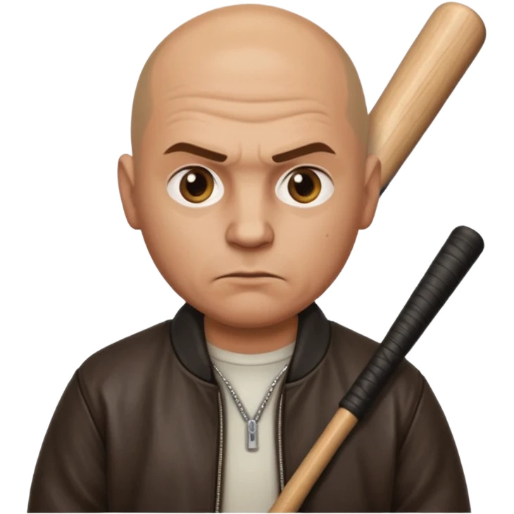 Bald Russian 1990s gangster emoji, leather jacket, , serious face with a bat emoji