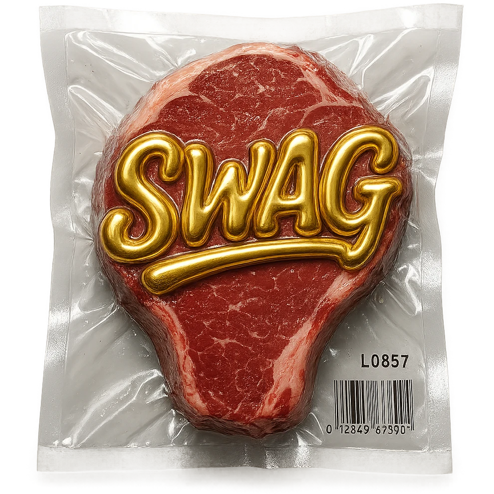 steak with gold script 'SWAG' written across, glossy and puffy, vacuum-sealed style emoji