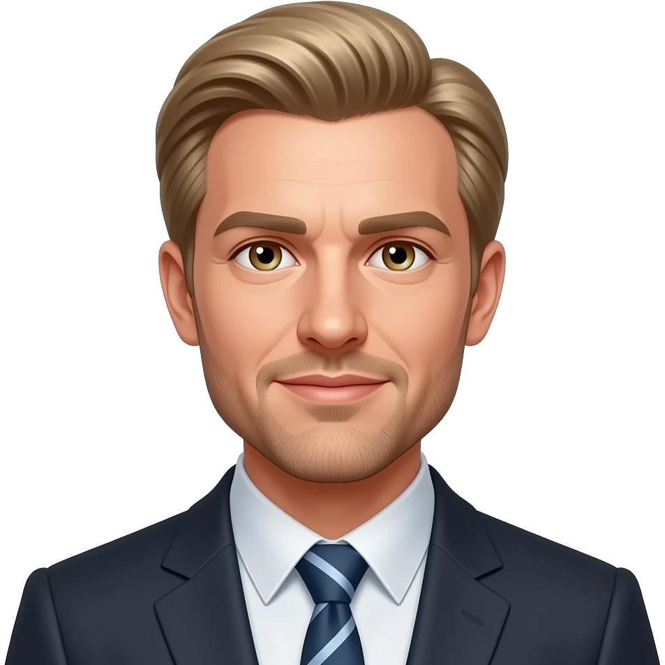 40-year-old organisation consultant, white, slim, narrow small head, medium lenght male blonde hair, ,hazel eyes, eyebrows, medium facial hair in suit and tie emoji