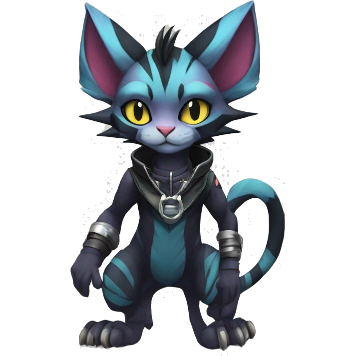 Cool Anthro Noivern-Litten-Sphynx-Pokémon with edgy stripes collar punk techwear Full Body emoji