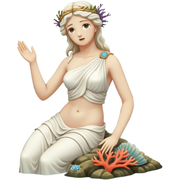 sunken white female greek statue, broken, include water and coral in the sea, sea weed, some sea animals emoji