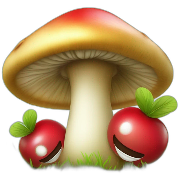 mashroom with eyes and smile with cherry and grass emoji