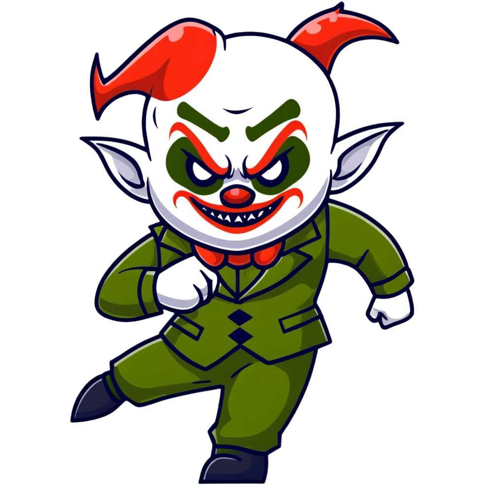 evil clown warrior, bald, very short devil-like horns on forehead, fangs, pointed ears, black and military green leisure suit, battle-ready fighting posture emoji