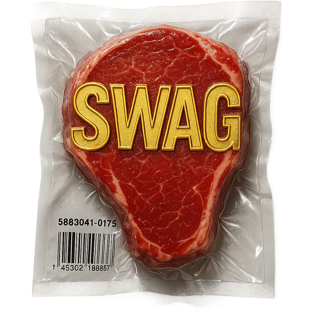 steak with gold outlined 'SWAG' letters, glossy emoji