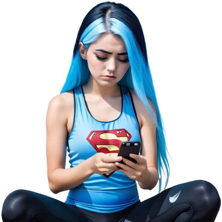 Shameful disappointed crying-very very very very big chest-texting on a samsung cell phone-very long straight flowing black to sky blue hair ombre-blue eyes-black eyeliner-long eyelashes-plastic sparkling sky blue very low cut tank top with sparkling superman logo-black leggings-nike sneakers emoji