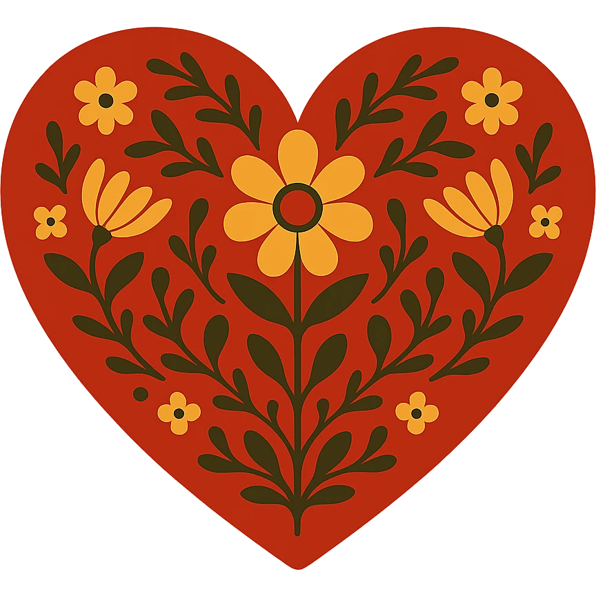 Red heart with Scandinavian folk art nature motif, intricate floral and leaf patterns, symmetrical, vibrant, inspired by traditional Nordic designs, with transparent background. emoji