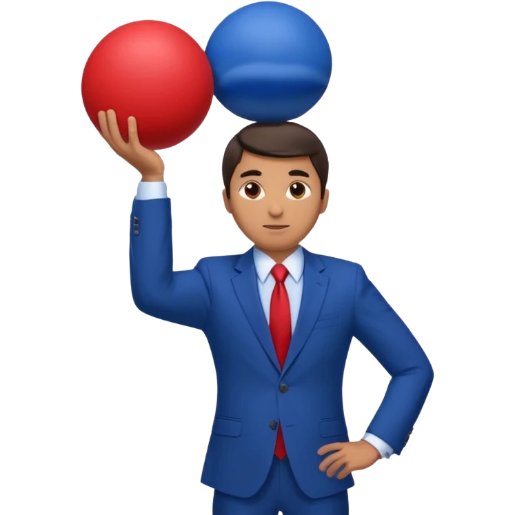business man in a blue suit and red tie, carrying a huge dark blue ball above his head emoji emoji