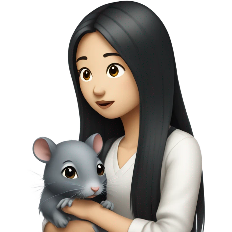 A korean girl with long black hair whispering to a grey rat emoji