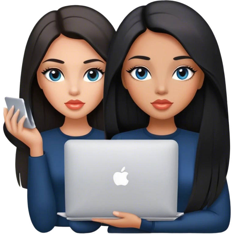 Glamours, tanned, very beautiful girl, with big pump peach lips, black straight smooth silky long hair, straight parting, blue-grey eyes, holding MacBook emoji