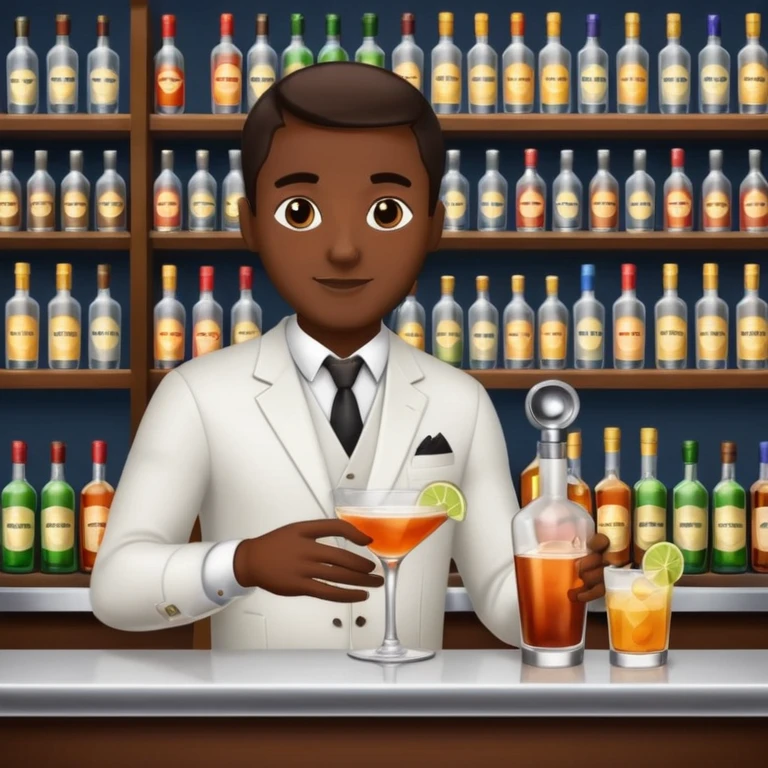 bartender mixing drinks, club backgroudn with bottles emoji
