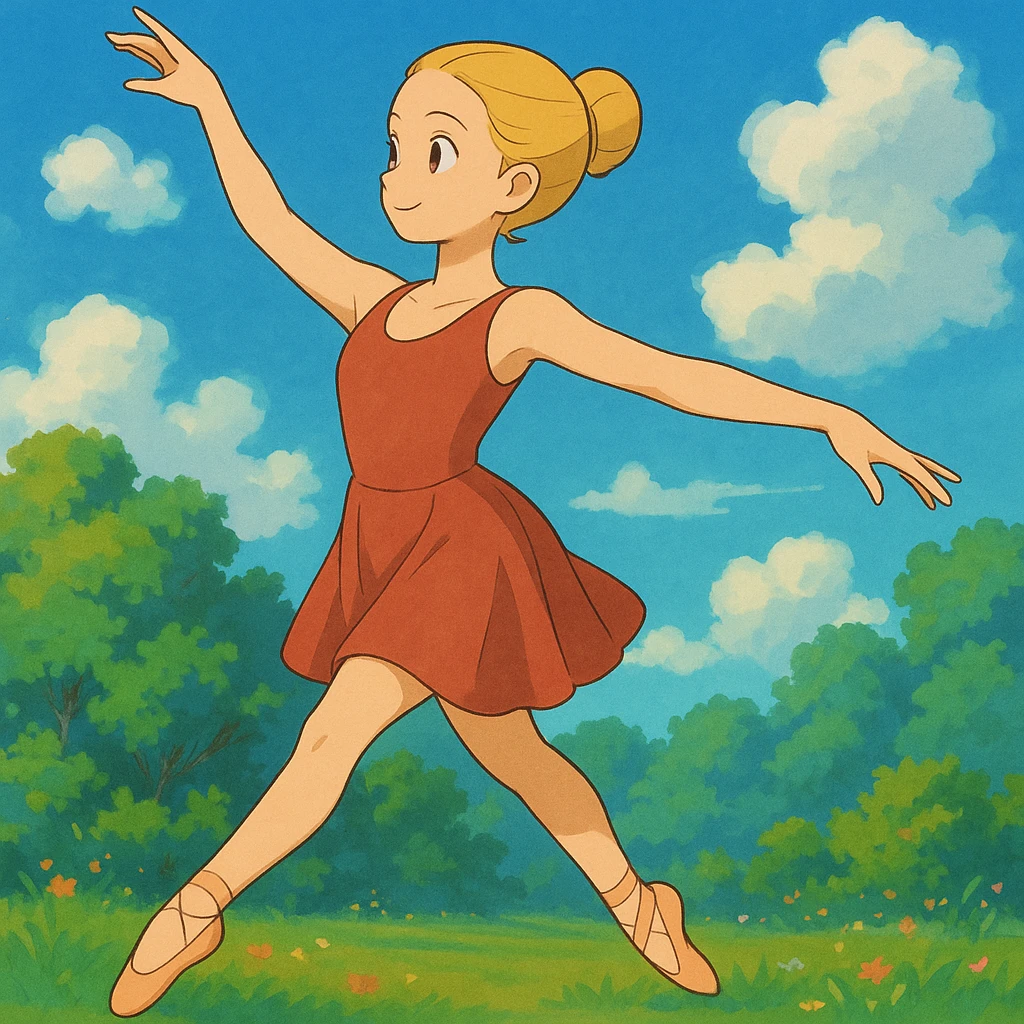 Add a vibrant, colorful background behind Dana Dawson in a dance pose, keep the original ghibli style emoji