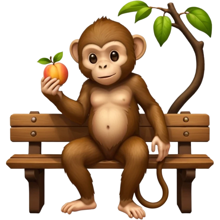 monkey(full body) sitting on a bench and eating peach and chocolate emoji
