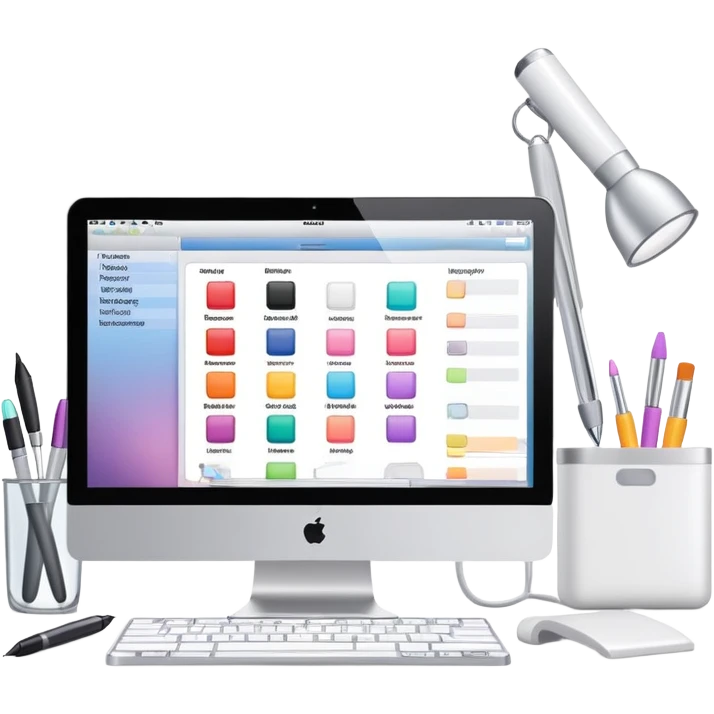 iMac showing beauty salon inventory software with notebook and pen next to it emoji