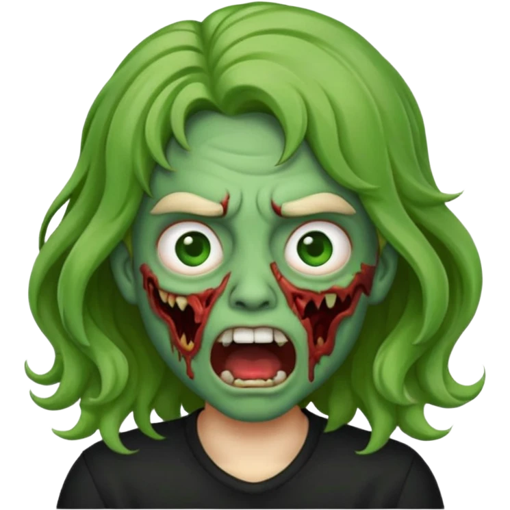 zombi emoji with a wavy medium hair, mouth, nose, green skin, black shirt emoji