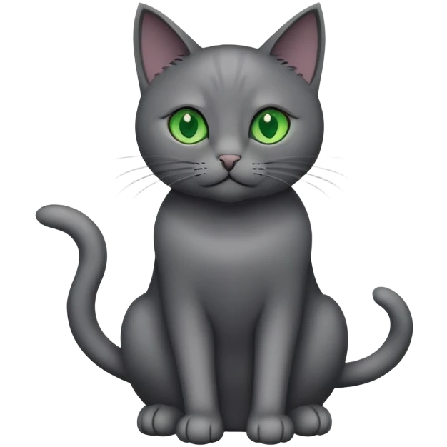 Dark solid grey cat sitting up, with green eyes emoji