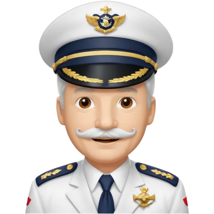 A light-skinned mid-aged man with brown eyes and white mustache, smiling while wearing a white captain’s hat with a navy emblem. emoji