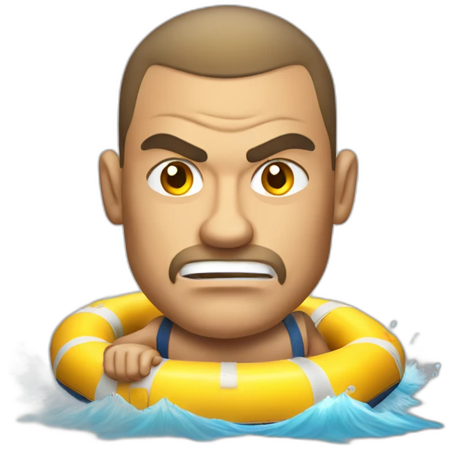 Angry muscular tan guy with brunette buzz cut on a raft emoji