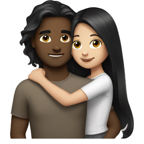 medium skin, Black long hair girl hugging with a fair white skin man with brown hair on top emoji