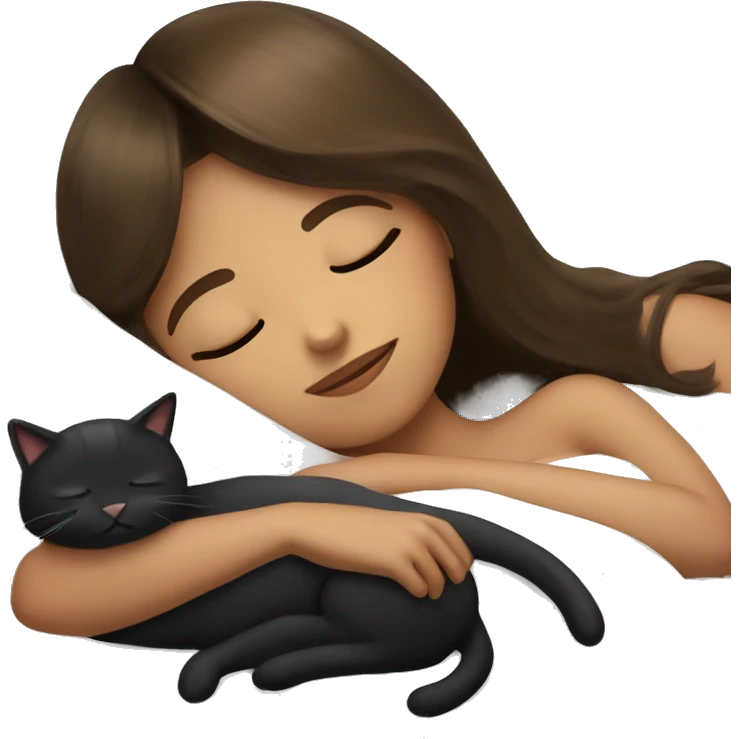 Girl with long brown hair and bangs napping with a black cat emoji
