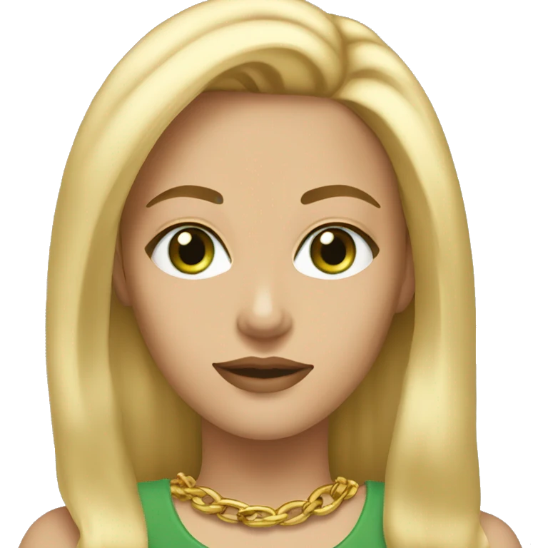 white woman with green eyes and straight blonde hair wearing gold chain necklace   emoji