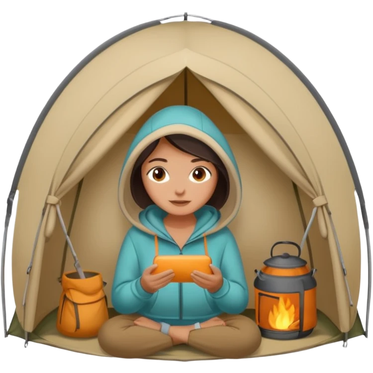 A woman in a cozy hoodie arranging items inside her tent. emoji