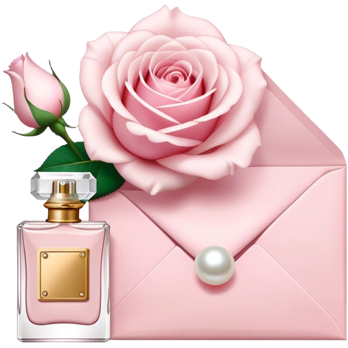 white rose next to a pearl-colored envelope and a flacon of aesthetically pleasing perfume in powder pink  emoji