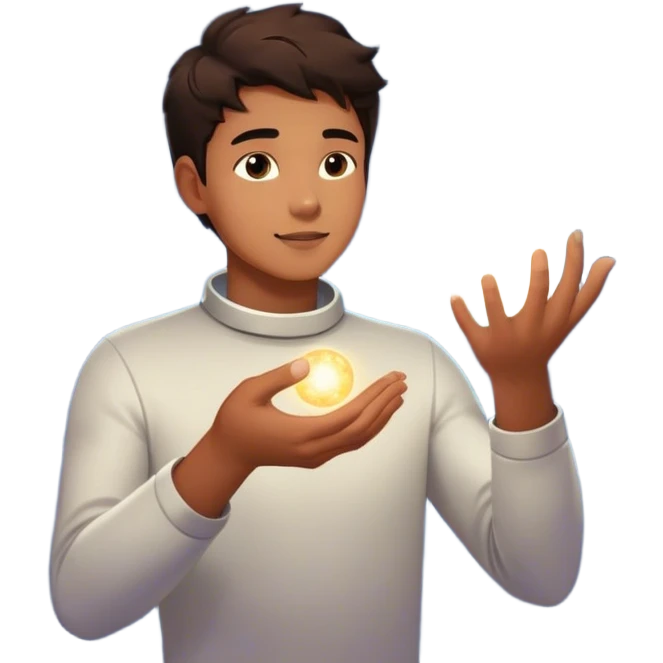A young man floats in space, touching a particle that glows and expands, shaping the universe around him. Each touch creates new light, symbolizing how his choices build his own reality. emoji