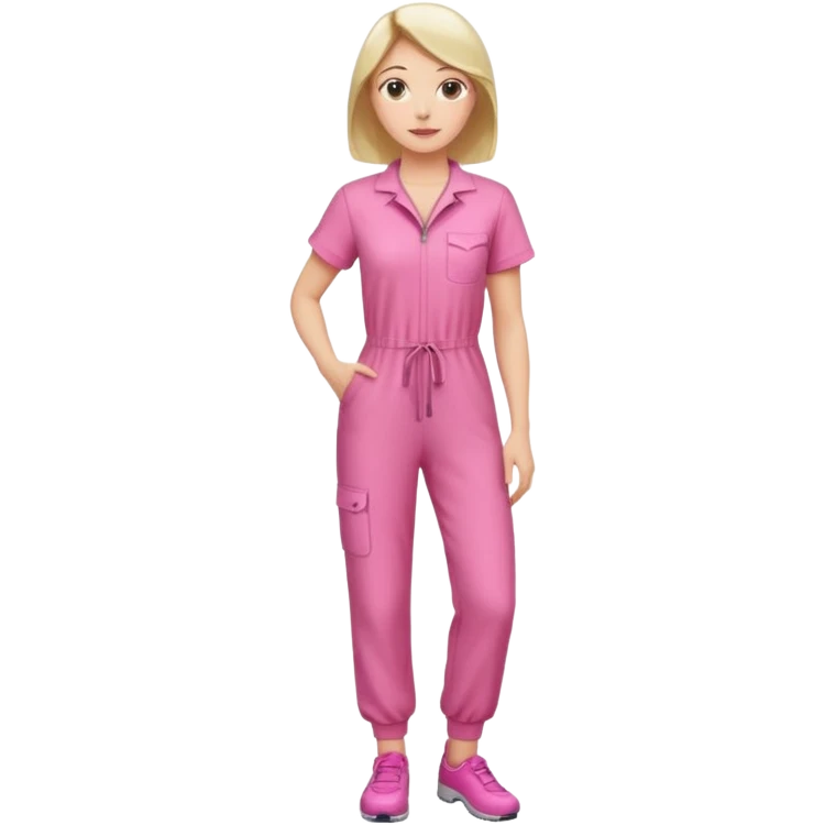 woman pink jumpsuit standing on foot emoji
