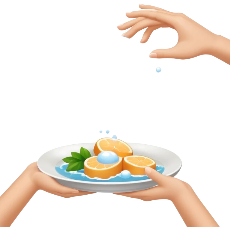 hands under running water with soap bubbles, plate of food nearby, clean and friendly emoji