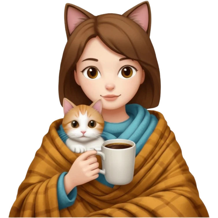 Kediyle bayan yanyana kahve battaniye emoji