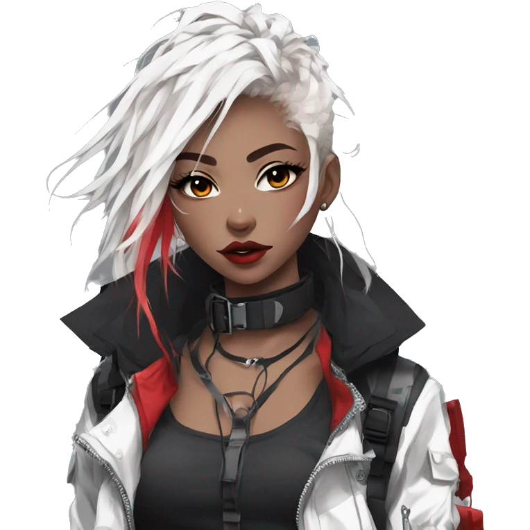 Gorgeous techwear anime style lady with blushing face aesthetic and pretty edgy black red white punk messy hair with collar and harness trending style emoji
