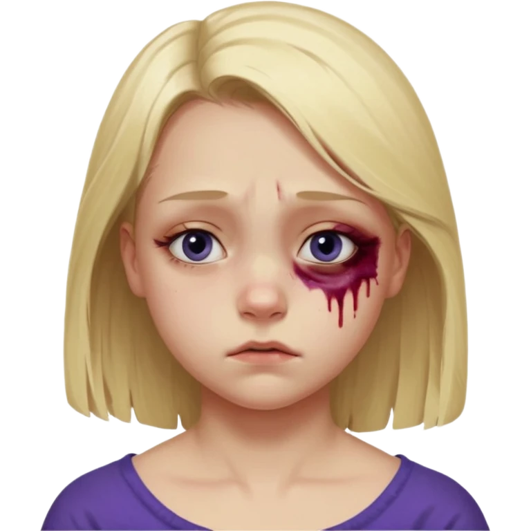 Blonde girl emoji, head and slight shoulders visible, one eye clearly bruised and swollen, dark purple-blue bruise around the entire eye socket, visible puffiness under eyelid, slightly uneven eyelids due to swelling, subtle red irritation around the eye, small wince expression like she’s in pain  emoji