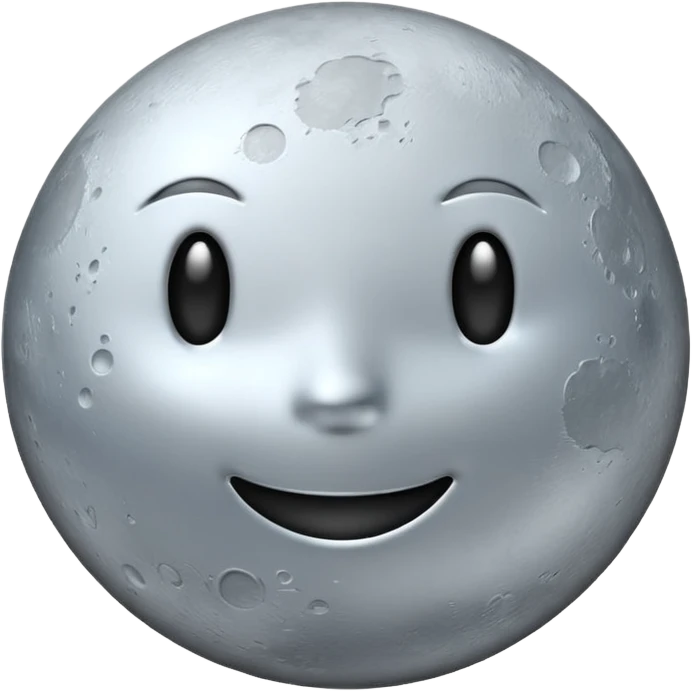 Polished silver moon emoji, chrome metallic texture, iOS emoji style, soft glow, smooth reflections, minimalistic design emoji