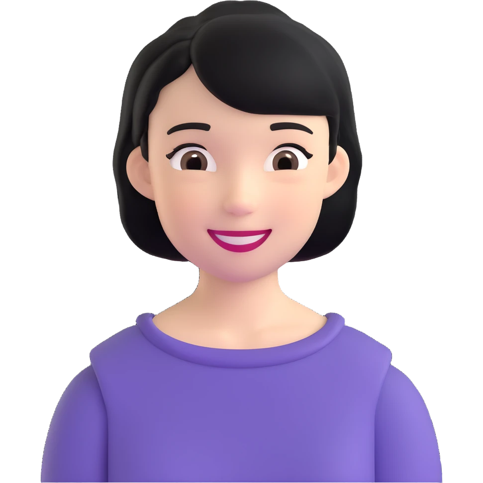 chica con pelo negro corto por los hombros, expresión sonriente emoji