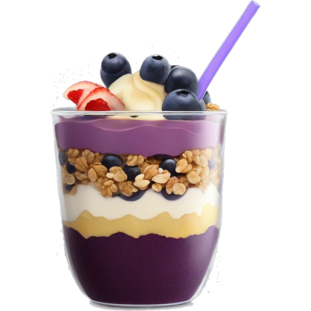 Açaí in a clear cup with layers of fruits and granola and condensed milk emoji