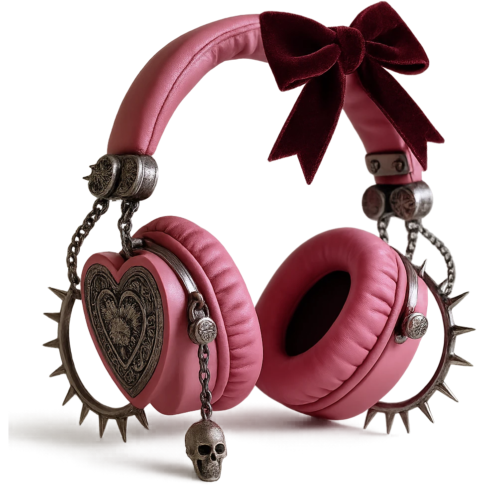 Add spiked hoops, a dangling skull charm, and a velvet ribbon to the realistic pink gothic headphones with heart-shaped ear cups, metallic chains, and gothic engravings. Keep the background transparent. Maintain the realistic pink gothic style with metallic and velvet textures. emoji
