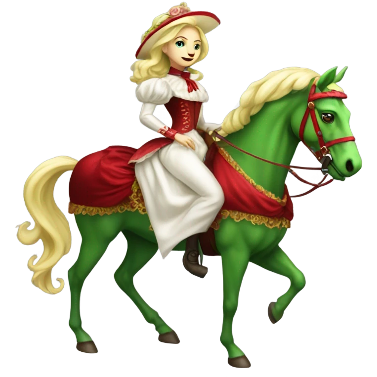 "galora green blonde alien woman" in red Victorian elegant dress, full body, rides horse gold and white
 emoji