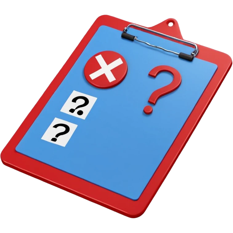 A red clipboard with a tactical scheme (X's and O's) crossed out and a question mark (?) above it. blue (#00A3E0) and red (#F9423A) emoji