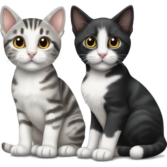 Two kittens, one grey and white tabby and one solid black kitten emoji