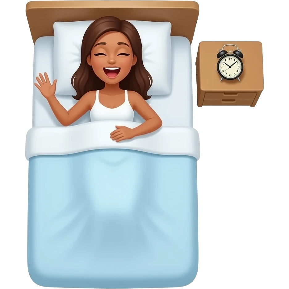 top view of a tanned shirtless woman waking up in bed yawning with an alarm clock ringing at the bedside emoji